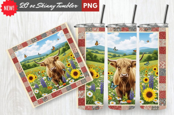 Highland Cow Patchwork Floral Tumbler H: A Rustic Design for Sublimation Projects